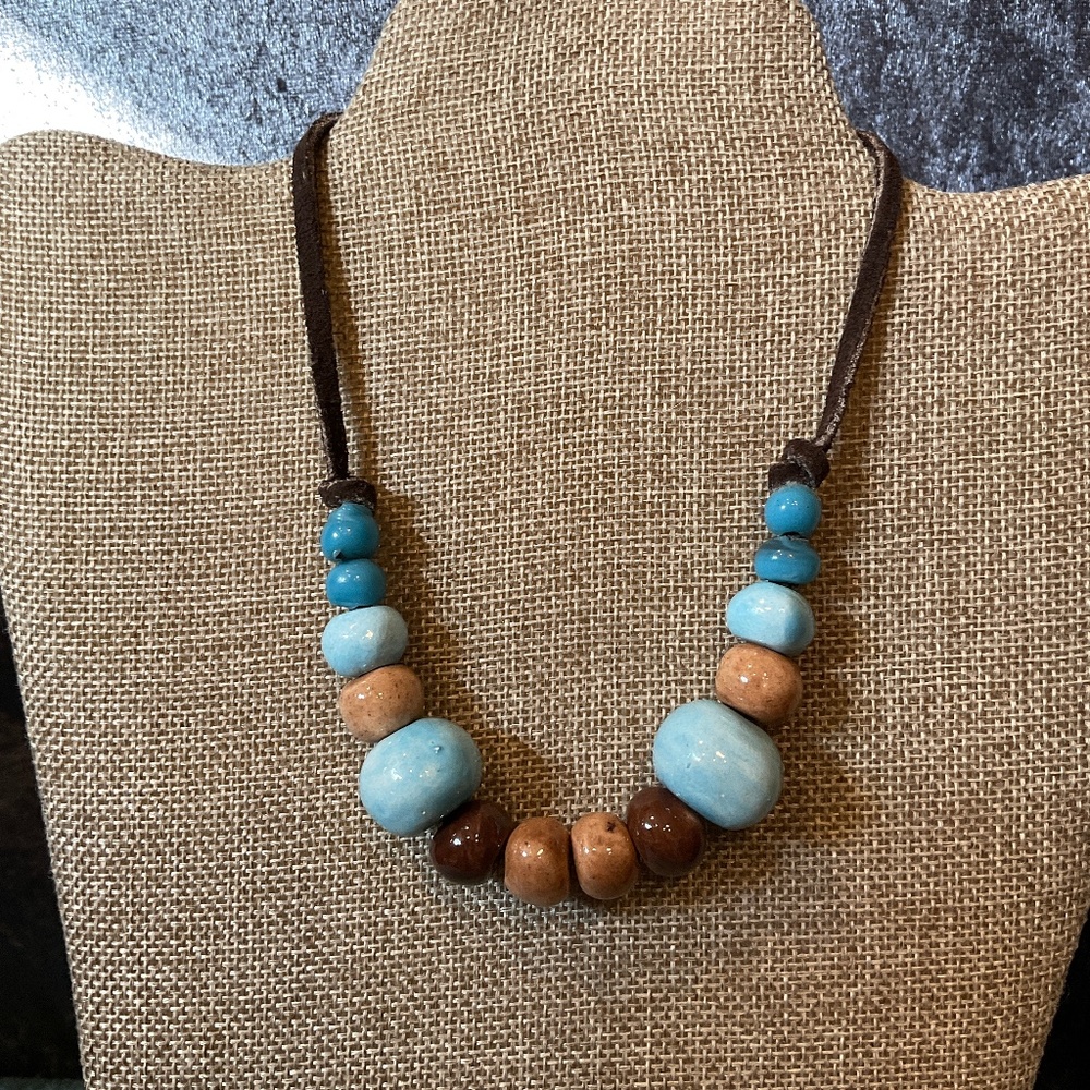 Vintage Graduated Blue and Brown Beaded Necklace on Rawhide